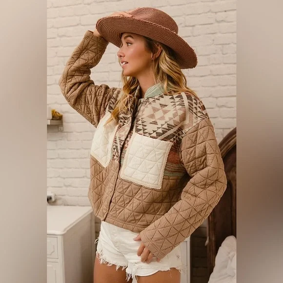 Tan Mixed Aztec Tribal Raw Hem Puffer stitch cotton Quilted Zip Jacket coat - Picture 3 of 8